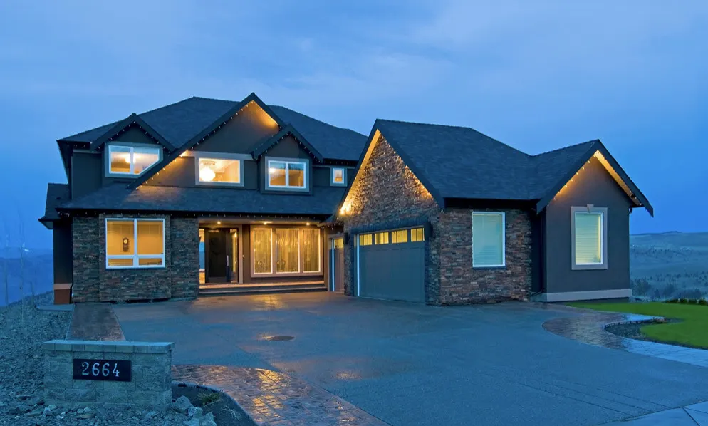 Telford custom home at dusk — Dev Dheenshaw Construction, Greater Victoria